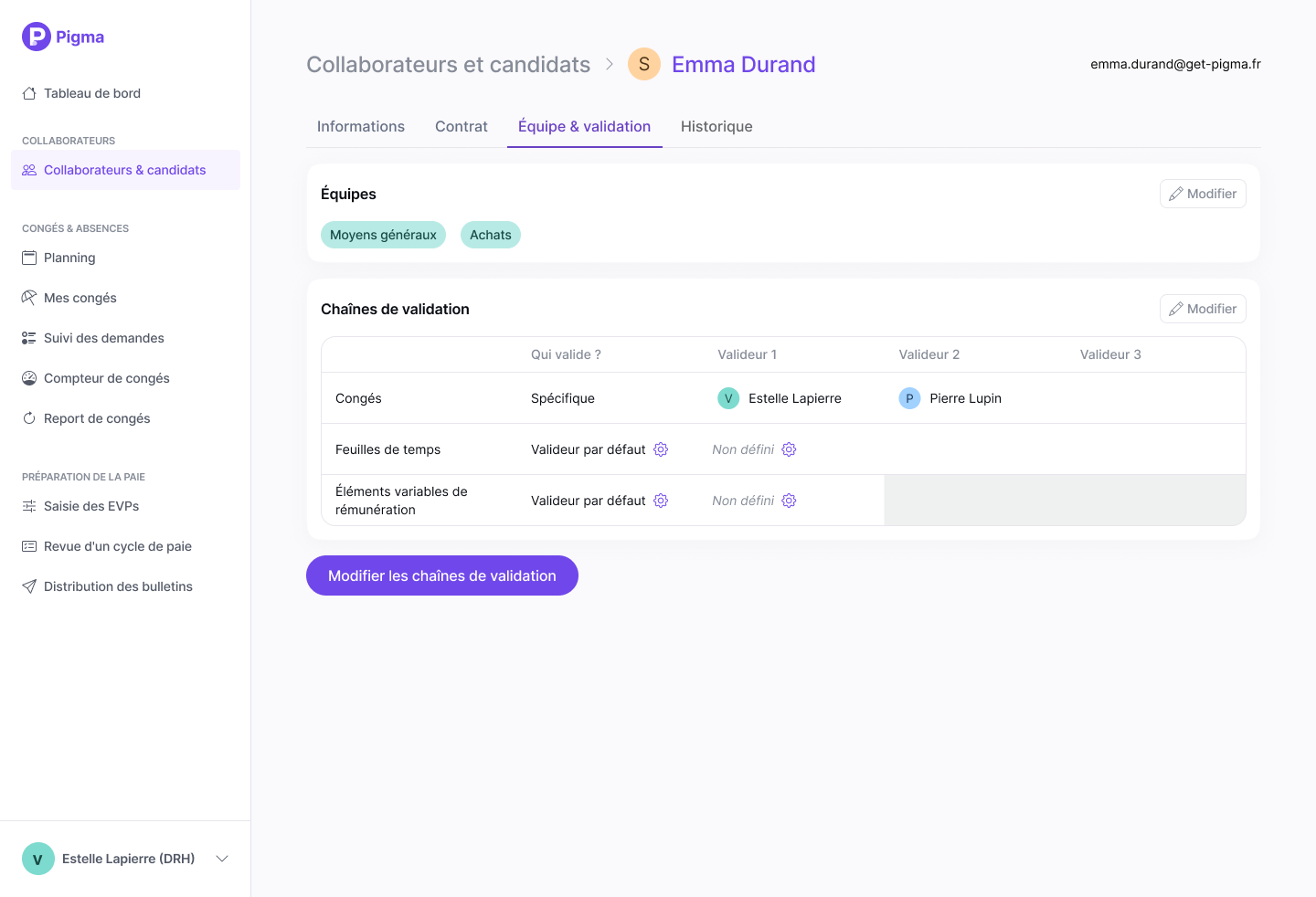 Fiche collaborateur — équipe et validation