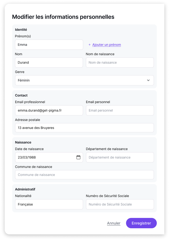 Panneau Modifier les informations personnelles