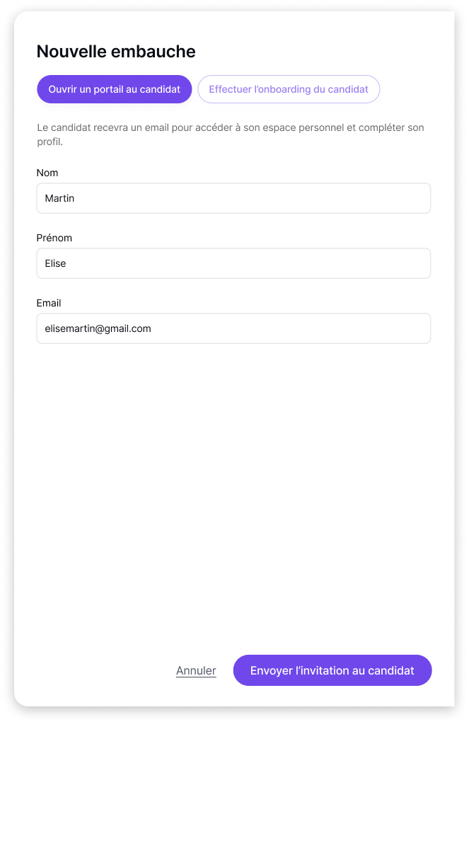 Panneau Nouvelle embauche — inviter le candidat par email
